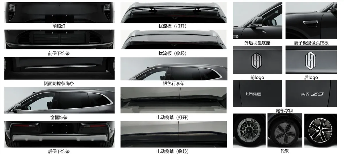 Shangjie Z9 regulatory image showing exterior options, including wheel designs, a deployable rear spoiler and retractable side steps.